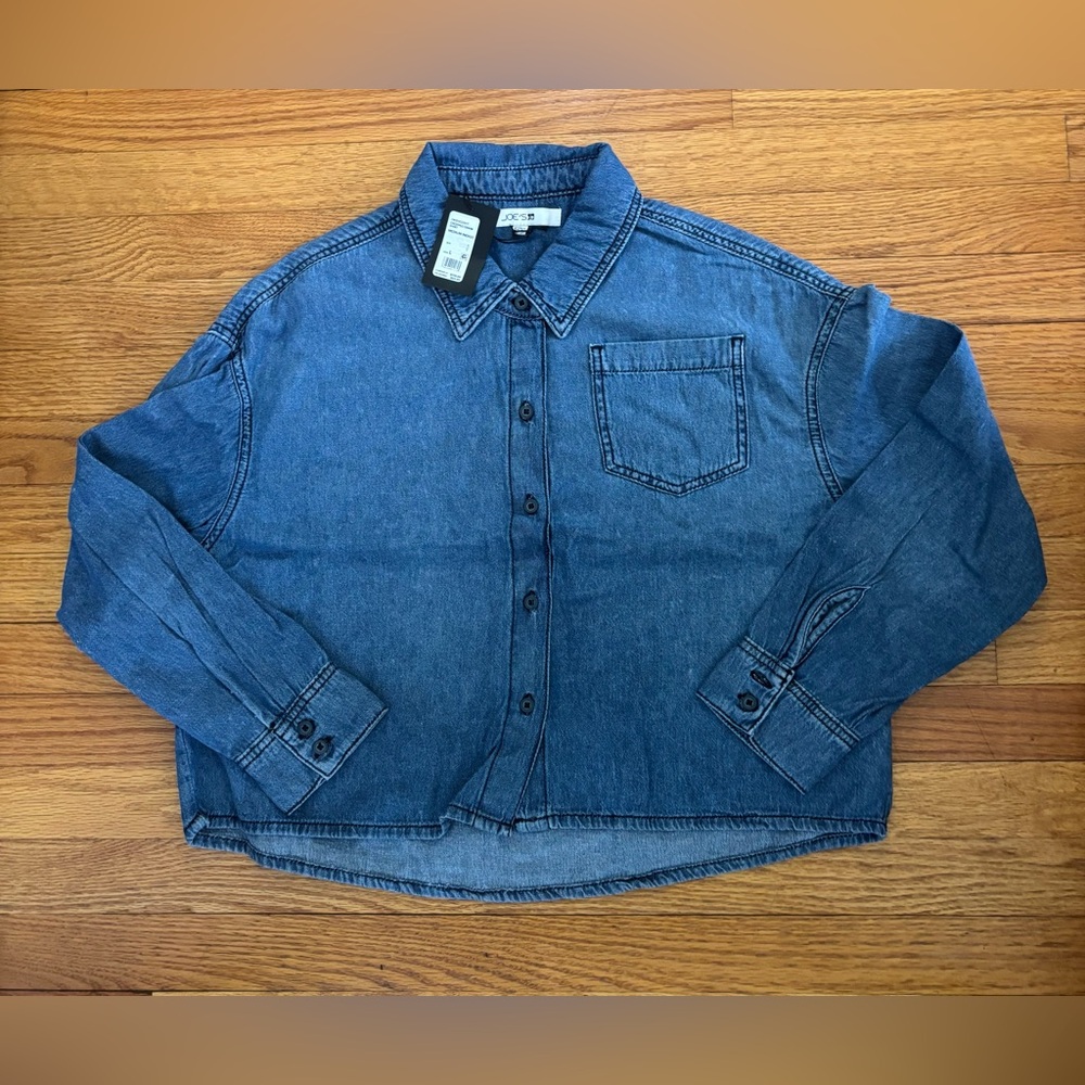 Joe’s Jeans Button Up Shirt Women’s Large Indigo Blue Denim Cropped Top New